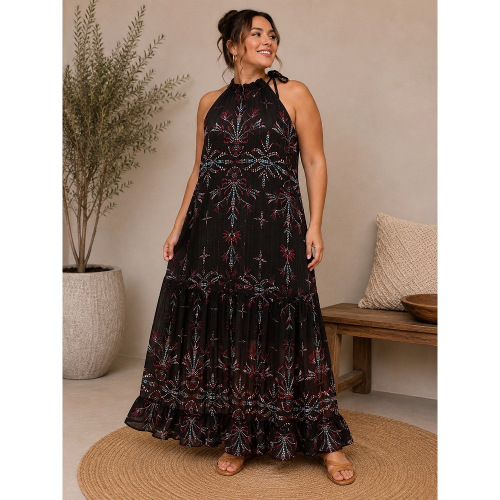 Sabina‎ Musayev Black Printed Halter Maxi Dress Pleated Tiered Metallic Size S